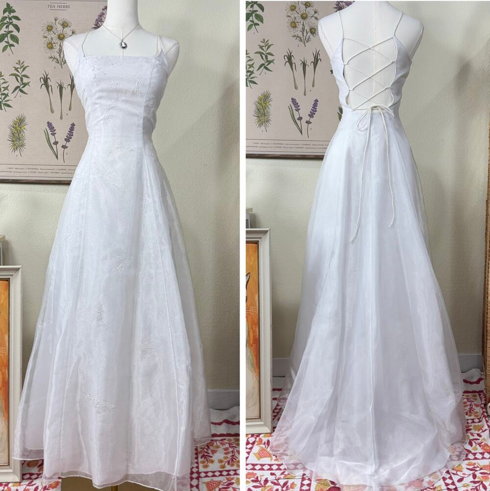 Y2k Beaded Lace Up Open Back Formal Dress Romantic Coquette Ethereal Bridal XS